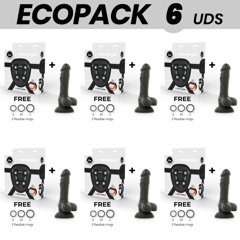 ECOPACK 6 UNITÉS - COCK MILLER HARNAIS + GODE SILICONE DENSITÉ ARTICULABLE NOIR COCKSIL 13 CM
