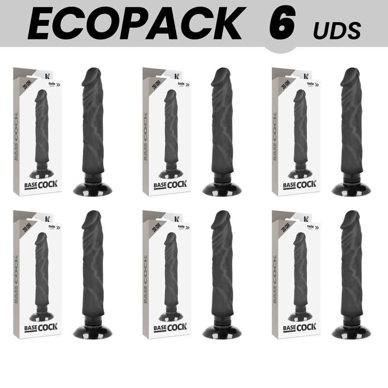 ECOPACK 6 UNITÉS - BASECOCK VIBRATEUR RÉALISTE 2-1 NOIR 20 CM -O- 4 CM