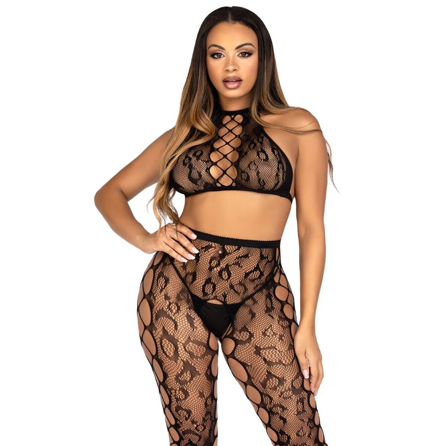 LEG AVENUE - 89372 CROP TOP ET COLLANTS SANS ENTREJAMBE NOIRS - TAILLE UNIQUE